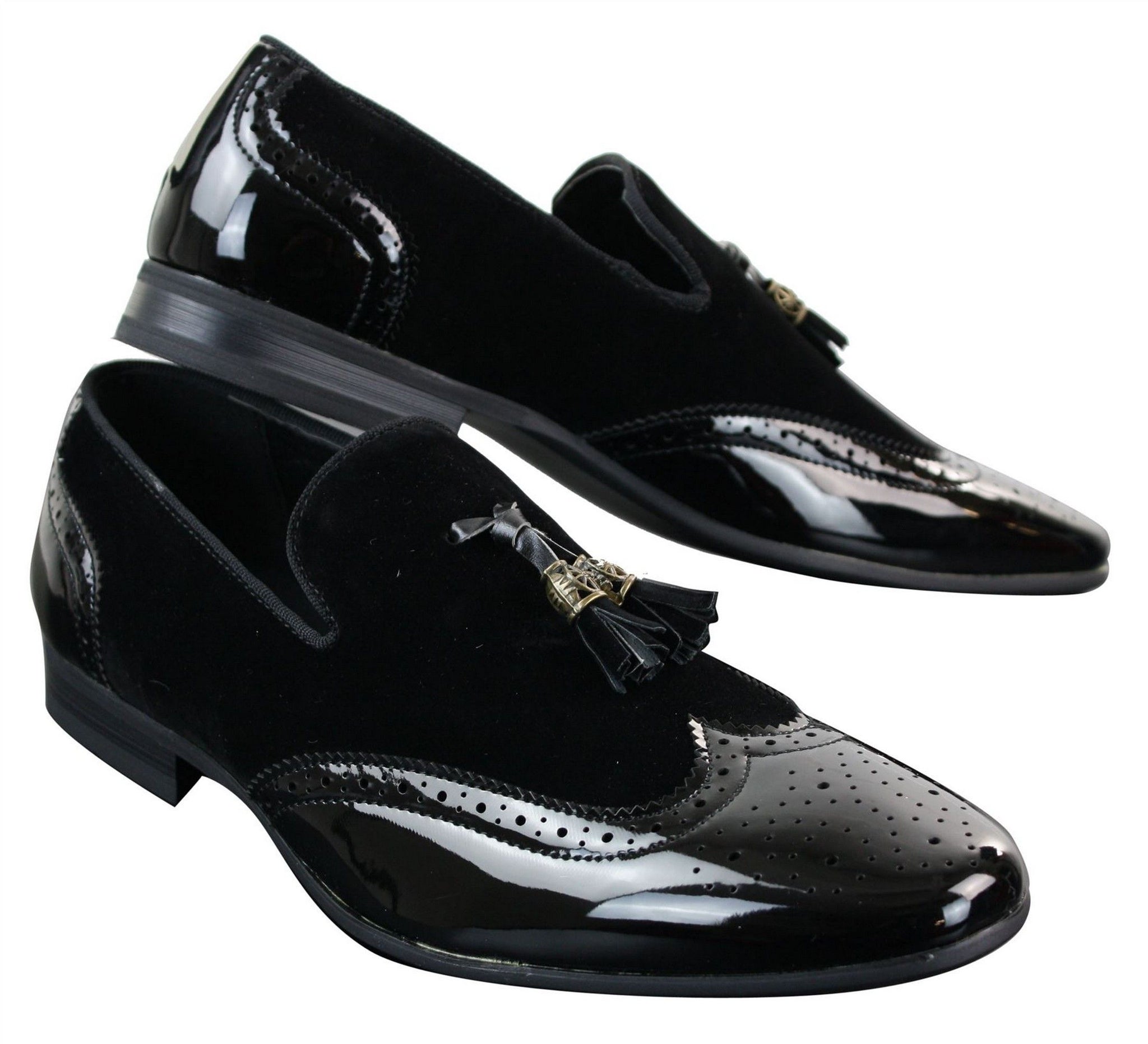 Moški čevlji Patron 239-10 slip-on resicami za vožnjo, sijoči črni lakirani usnjeni in PU semiš mokasini