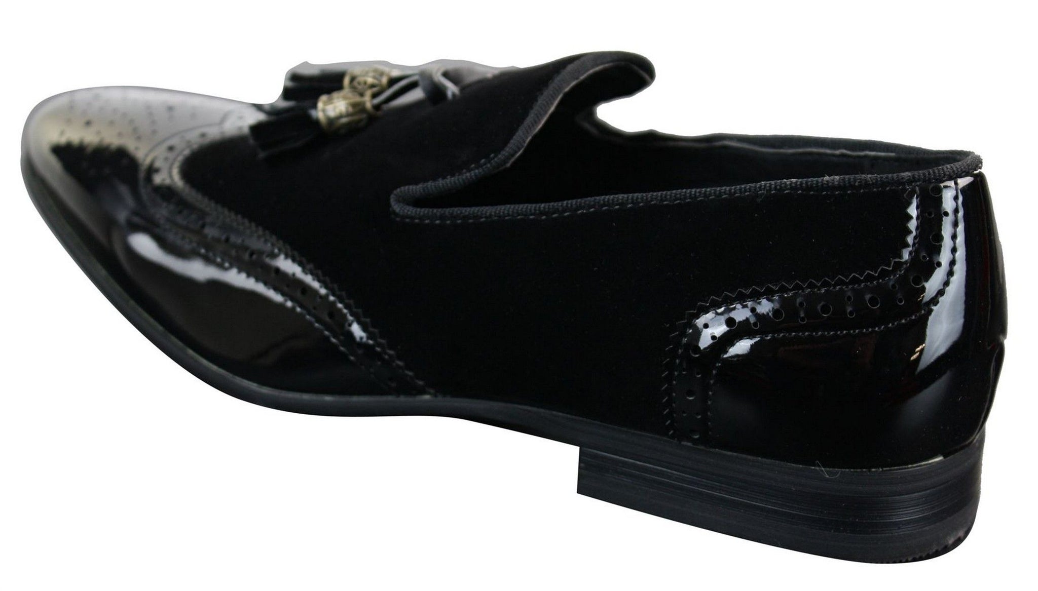 Moški čevlji Patron 239-10 slip-on resicami za vožnjo, sijoči črni lakirani usnjeni in PU semiš mokasini
