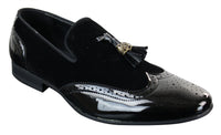 Moški čevlji Patron 239-10 slip-on resicami za vožnjo, sijoči črni lakirani usnjeni in PU semiš mokasini