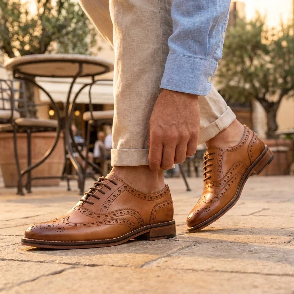 Moški rjavi usnjeni oxfordski čevlji Wingtip brogue v rjavi barvi