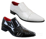 Moški elegantni formalni brezrokavniki z belimi lakiranimi sijočimi usnjenimi podlogami iz italijanskega usnja