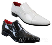 Moški elegantni formalni brezrokavniki z belimi lakiranimi sijočimi usnjenimi podlogami iz italijanskega usnja