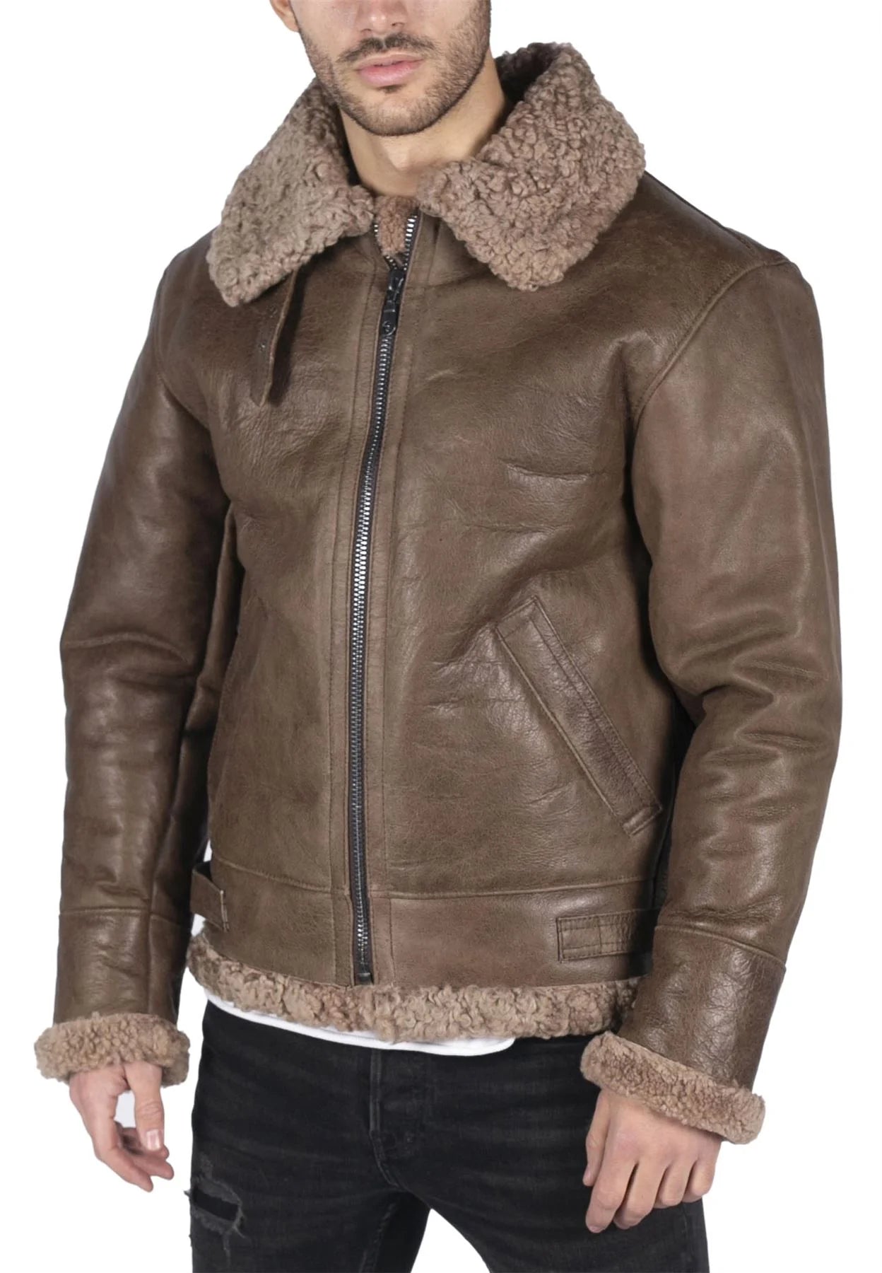 Moški usnjeni usnjeni čevlji B3 Flying Aviator Vintage rjave barve Teddy iz ovčjega krzna