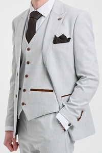 Moška siva trojna obleka iz tvida z rjavimi robovi in sivim kamnom Mark za poroke in maturantske plese