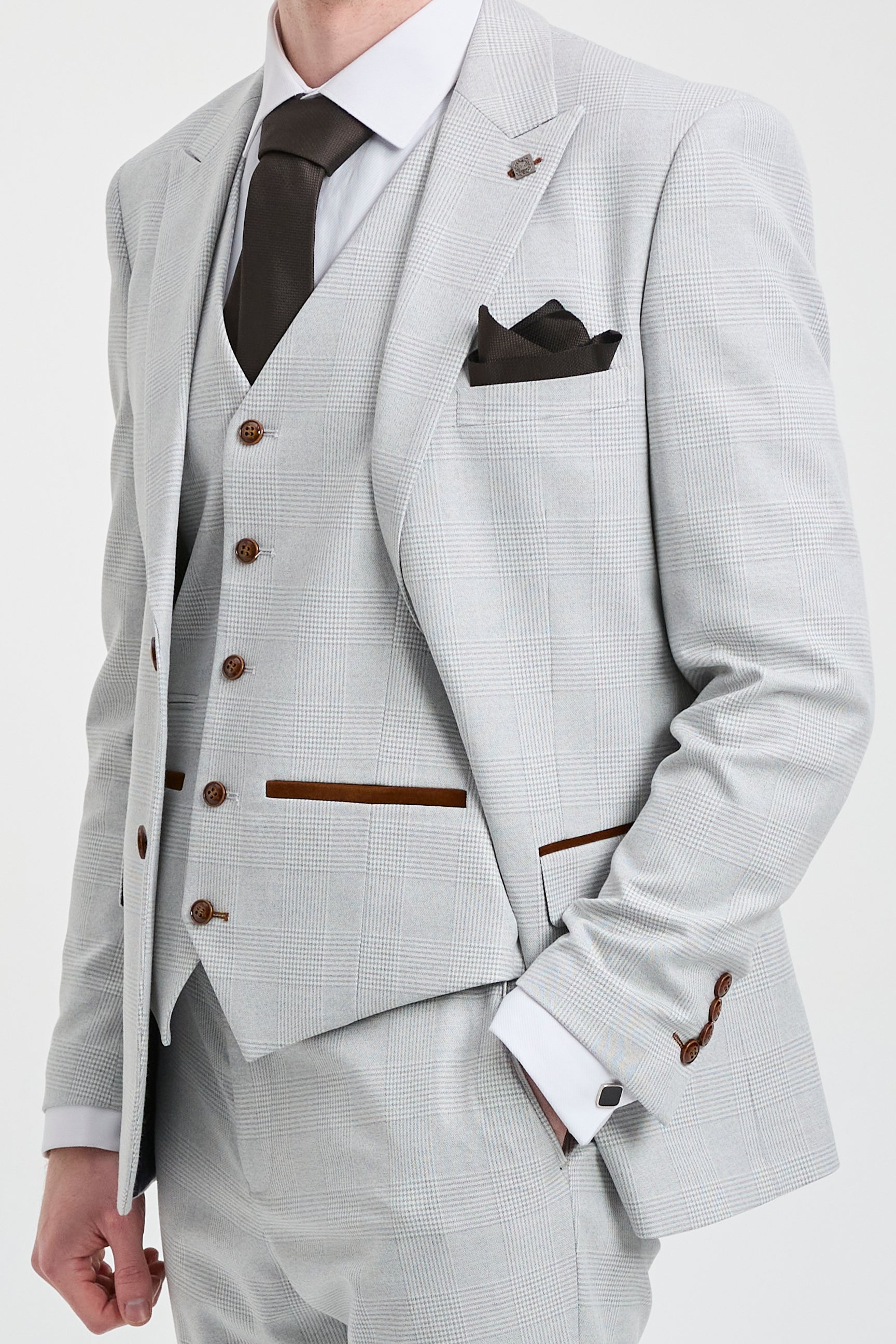 Moška siva trojna obleka iz tvida z rjavimi robovi in sivim kamnom Mark za poroke in maturantske plese