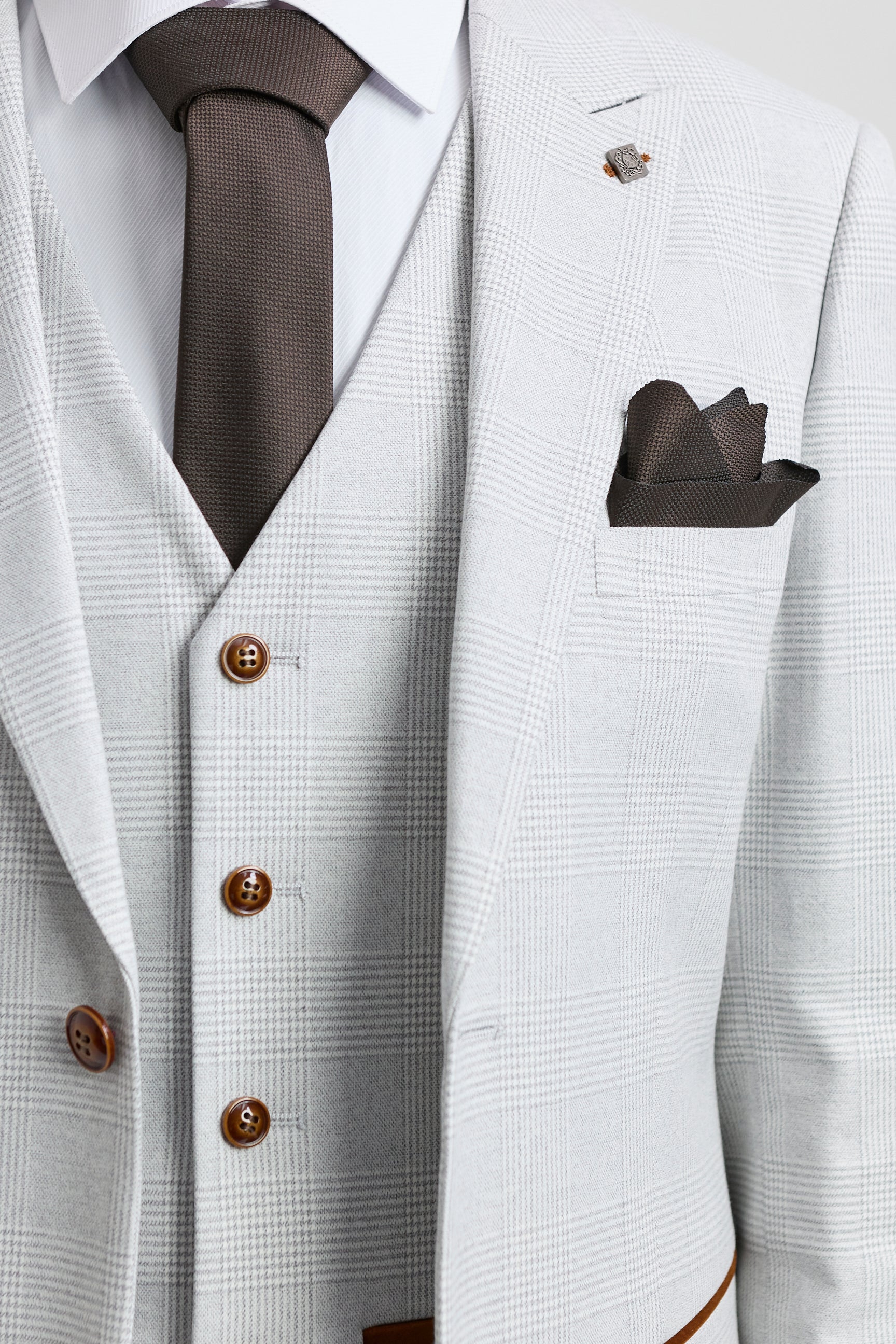 Moška siva trojna obleka iz tvida z rjavimi robovi in sivim kamnom Mark za poroke in maturantske plese