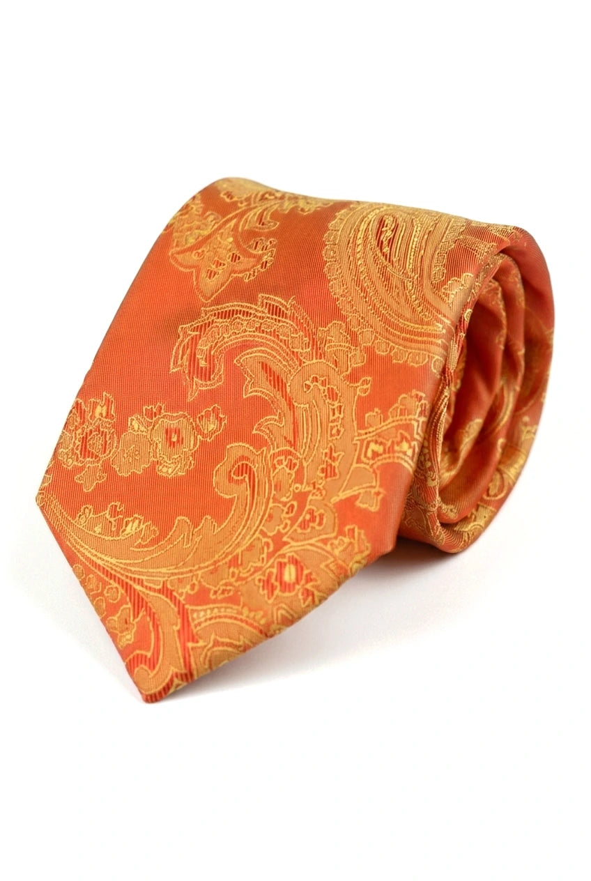 Darilni set za kravato s paisley vzorcem, oranžno barvo, žepni robček, manšetni gumbi, kravata s cvetličnim vzorcem in satenom