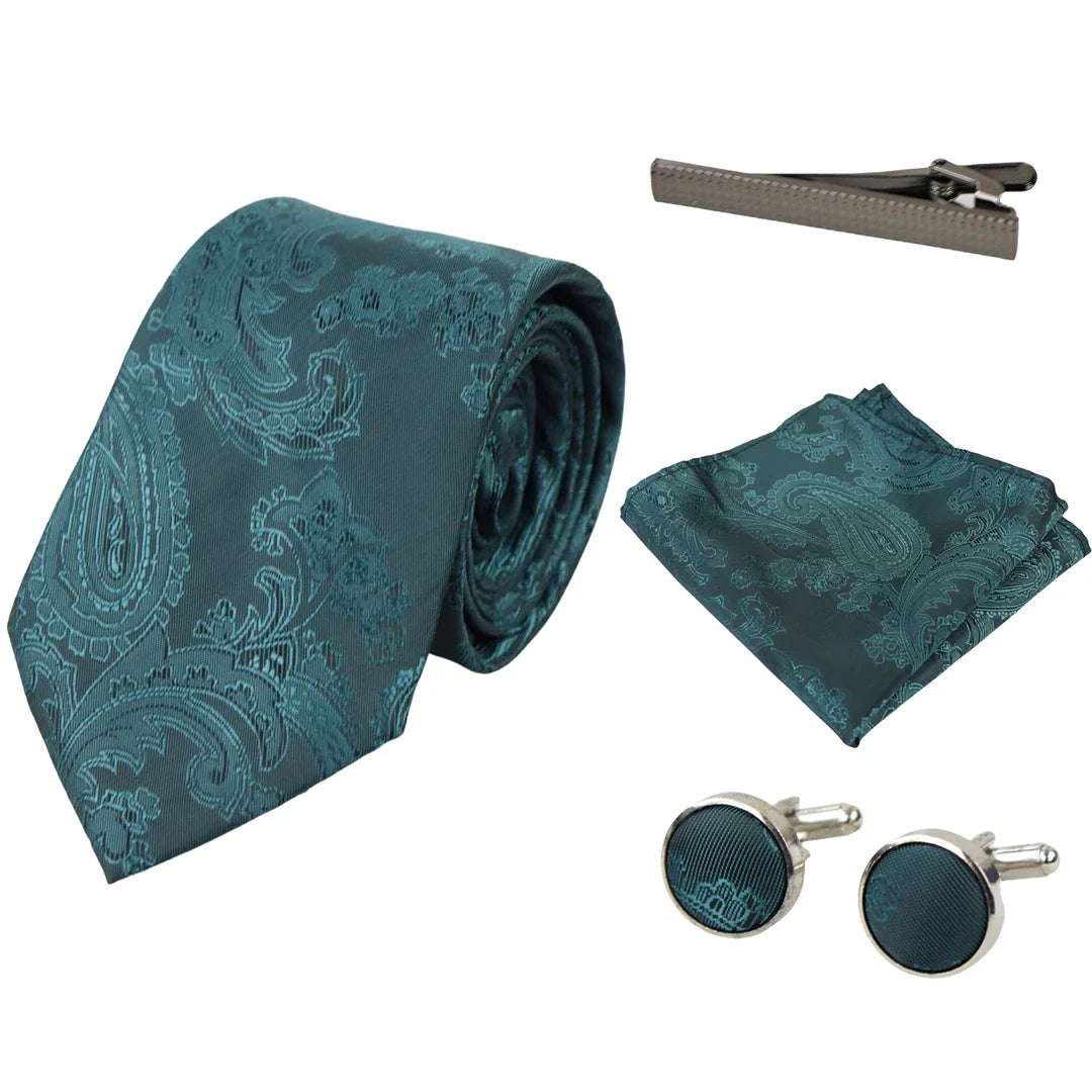 Darilni set za kravato z zeleno paisley vzorcem, žepni robček, manšetni gumbi, cvetlični saten