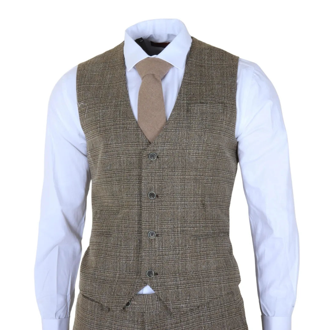 Moška rjava klasična karo obleka slim fit kroja, 3 kosi