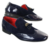 Moški čevlji Patron 239-10 slip-on resicami za vožnjo, sijoči črni lakirani usnjeni in PU semiš mokasini