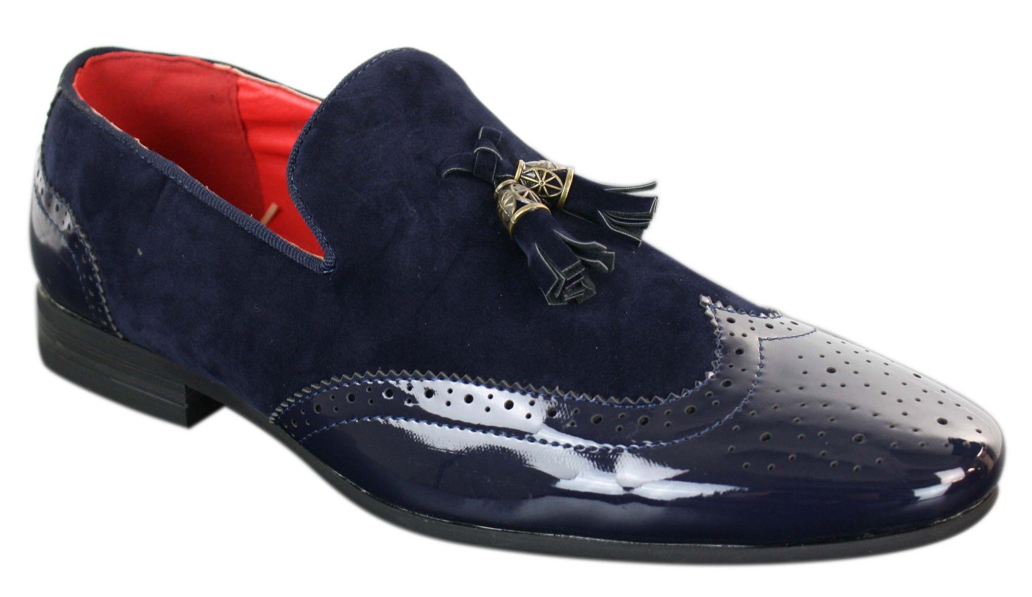 Moški čevlji Patron 239-10 slip-on resicami za vožnjo, sijoči črni lakirani usnjeni in PU semiš mokasini