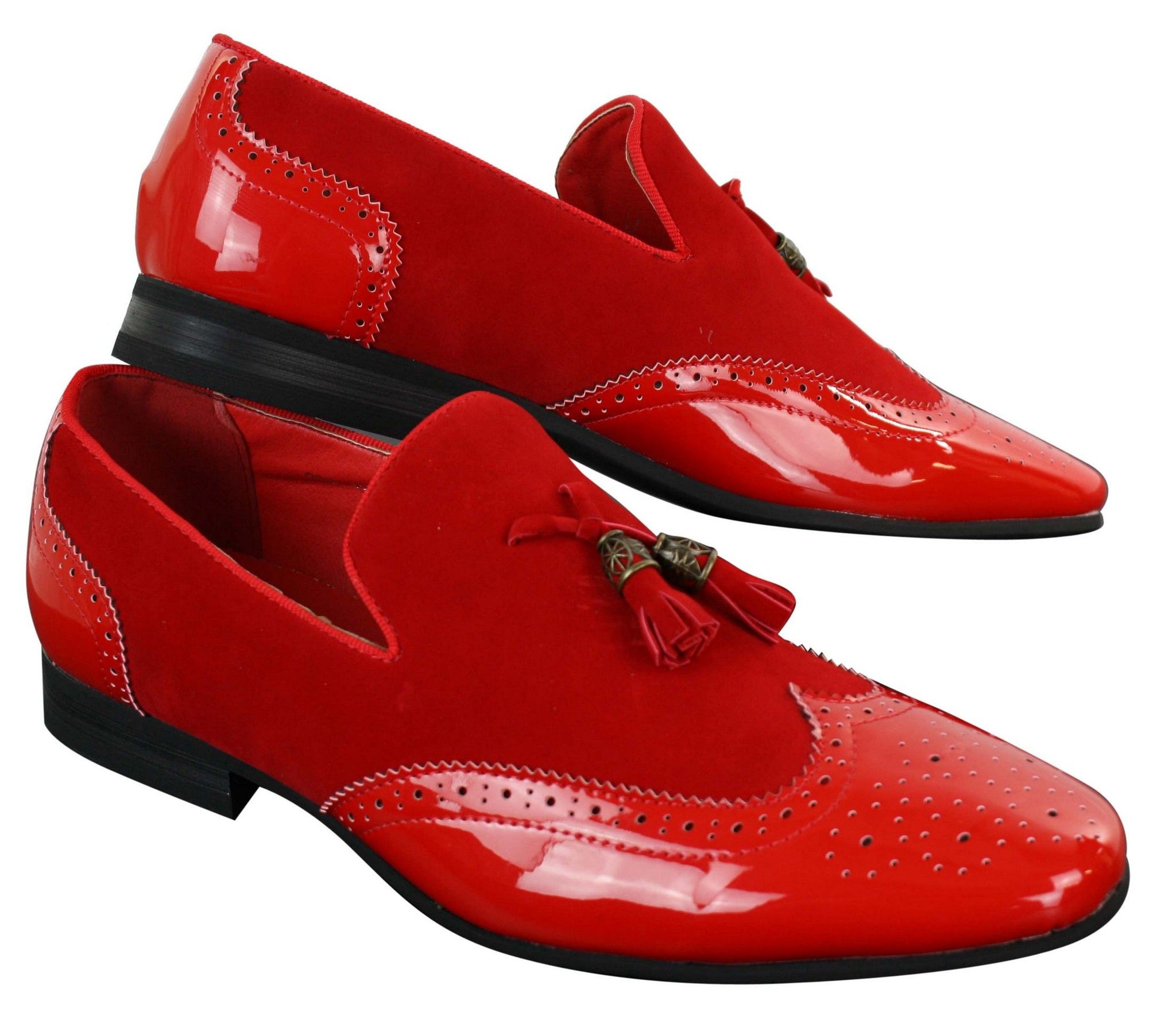 Moški čevlji Patron 239-10 slip-on resicami za vožnjo, sijoči črni lakirani usnjeni in PU semiš mokasini