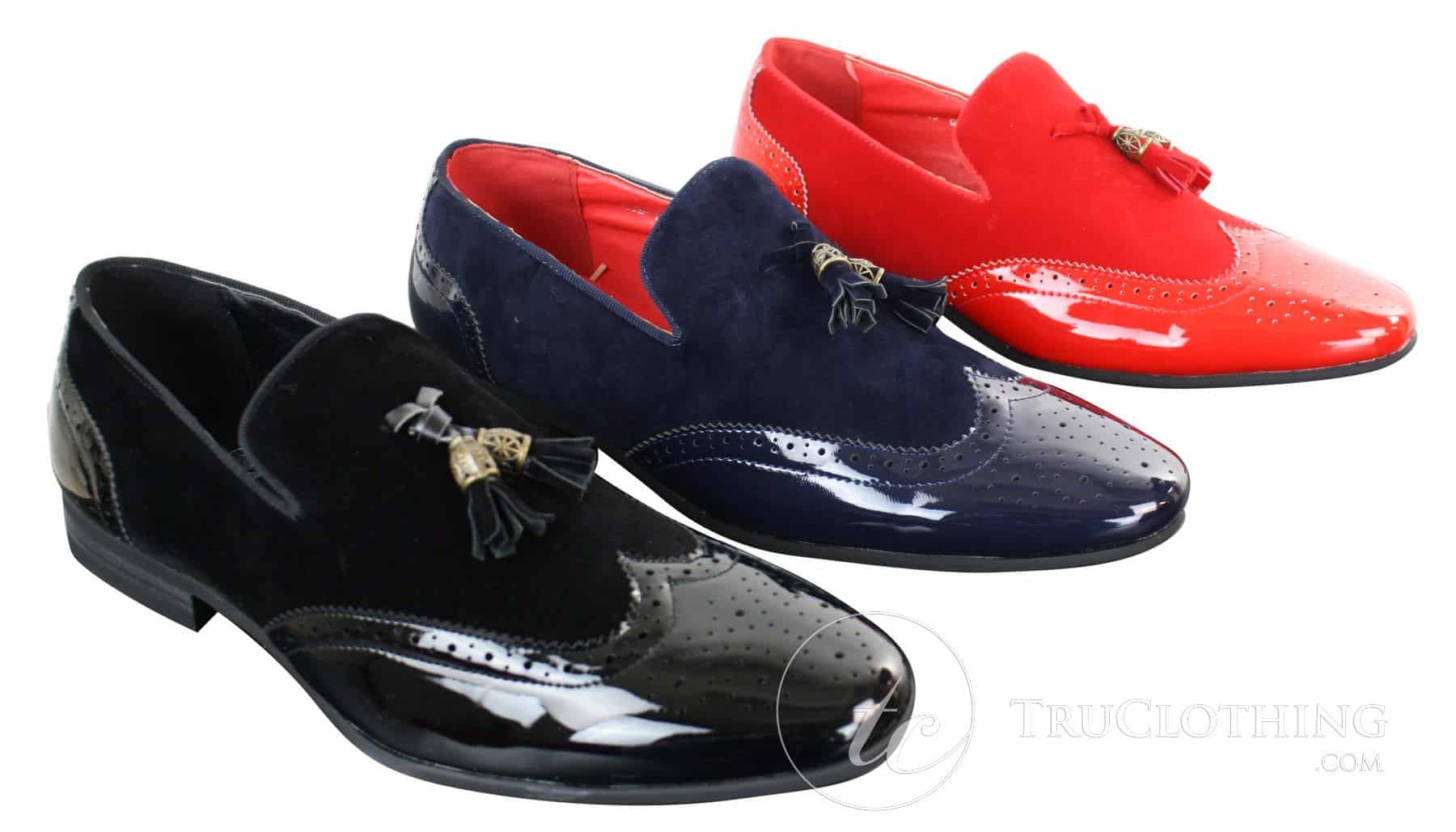 Moški čevlji Patron 239-10 slip-on resicami za vožnjo, sijoči črni lakirani usnjeni in PU semiš mokasini