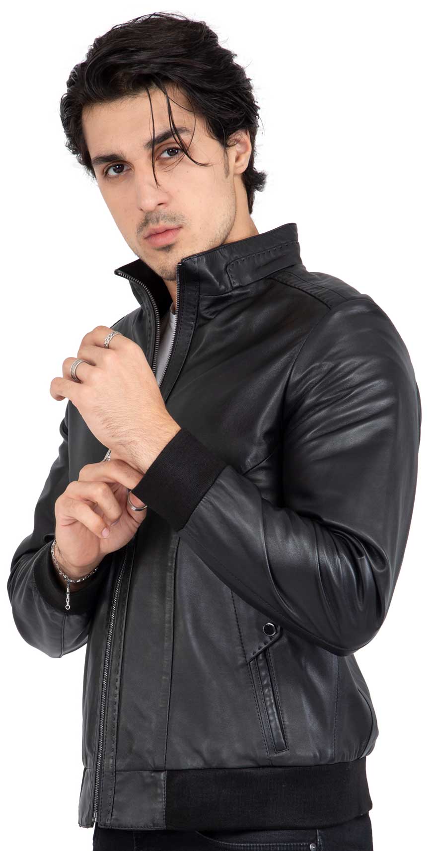 Moška bomber jakna iz pravega jagnječjega usnja črne barve, regular fit - B210