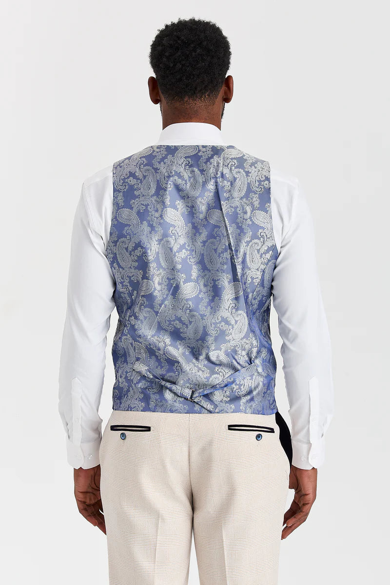 Kremna karo obleka Regent s kontrastnim telovnikom Regent Navy