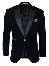 Cavani Rosa - Moški mehak žamet črno-modro moder smoking suknjič z 1 gumbom, smoking blazer, eleganten in sproščen kroj - mornarsko moder