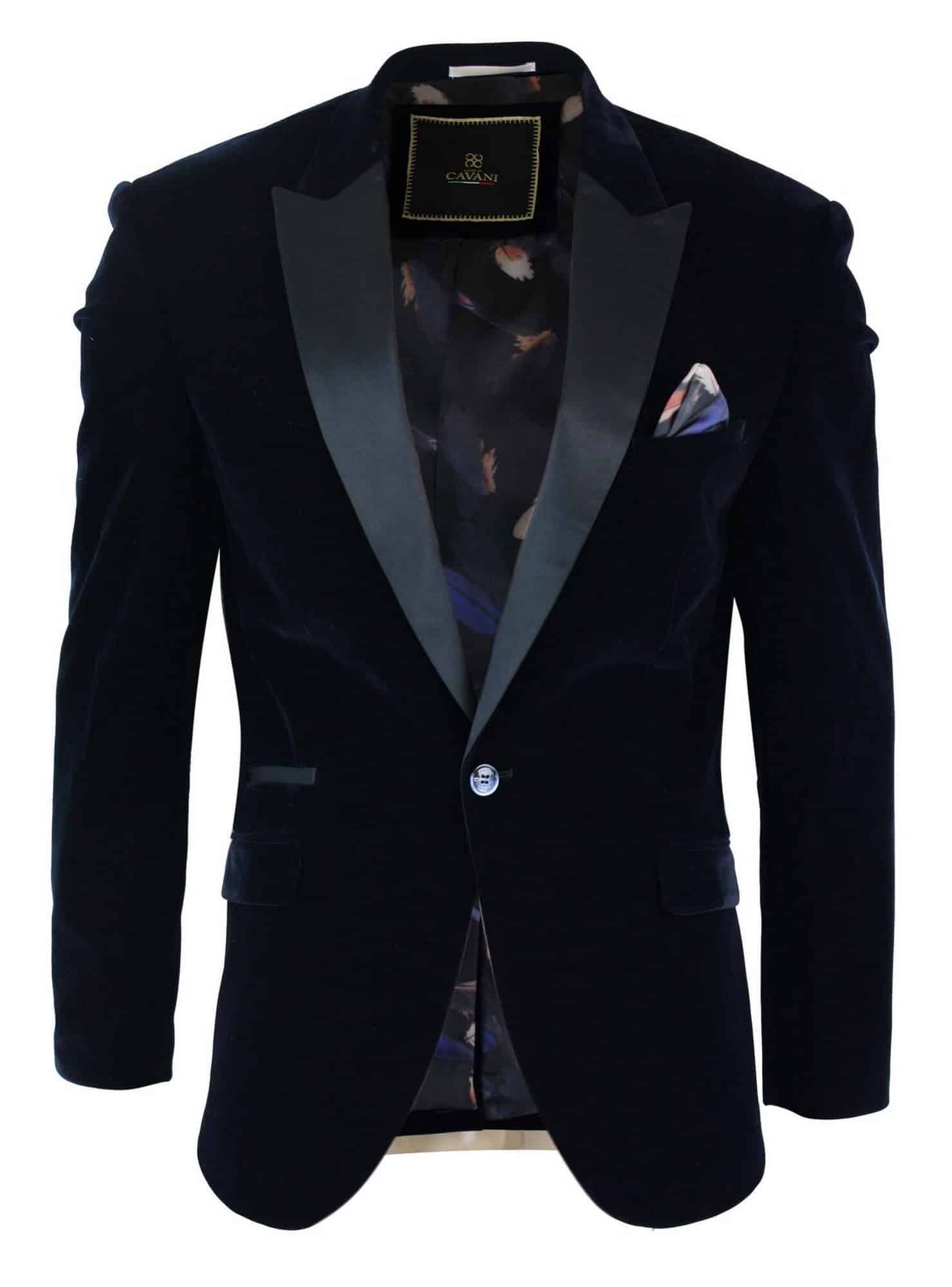 Cavani Rosa - Moški mehak žamet črno-modro moder smoking suknjič z 1 gumbom, smoking blazer, eleganten in sproščen kroj - mornarsko moder