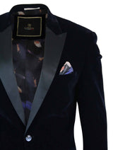 Cavani Rosa - Moški mehak žamet črno-modro moder smoking suknjič z 1 gumbom, smoking blazer, eleganten in sproščen kroj - mornarsko moder