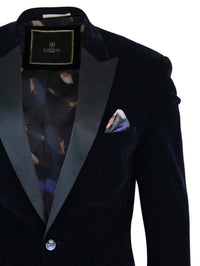 Cavani Rosa - Moški mehak žamet črno-modro moder smoking suknjič z 1 gumbom, smoking blazer, eleganten in sproščen kroj - mornarsko moder