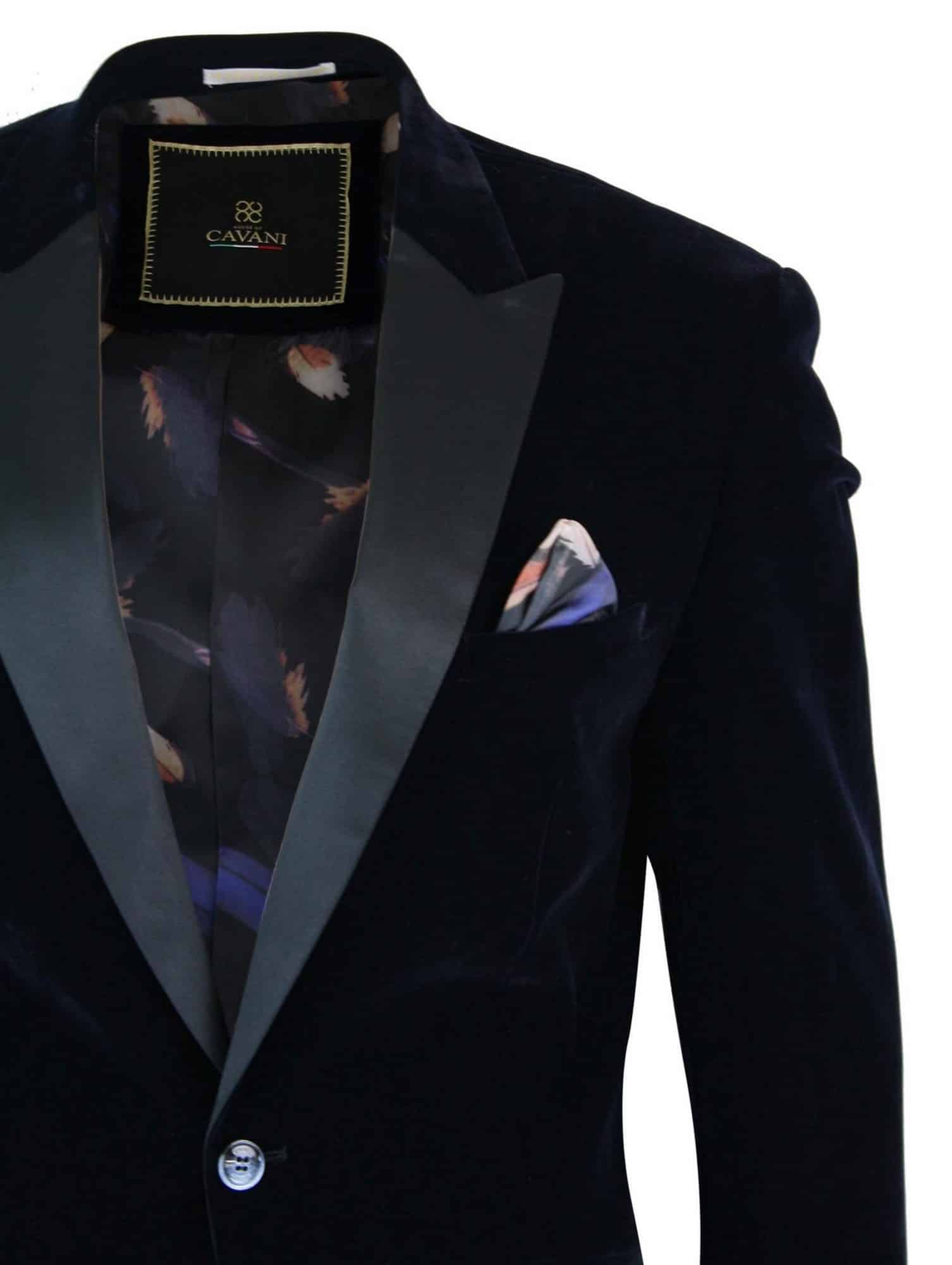 Cavani Rosa - Moški mehak žamet črno-modro moder smoking suknjič z 1 gumbom, smoking blazer, eleganten in sproščen kroj - mornarsko moder