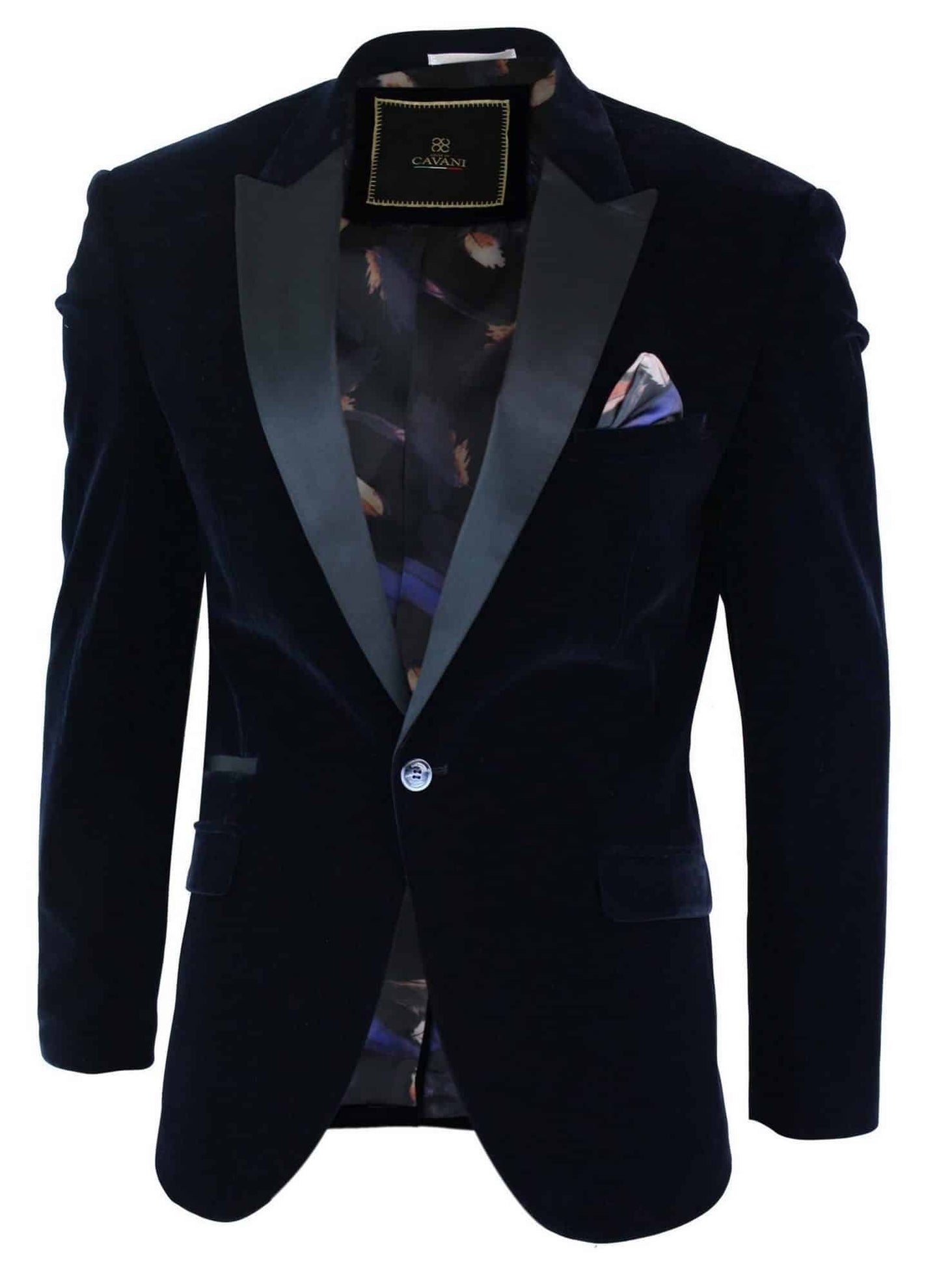 Cavani Rosa - Moški mehak žamet črno-modro moder smoking suknjič z 1 gumbom, smoking blazer, eleganten in sproščen kroj - mornarsko moder