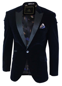 Cavani Rosa - Moški mehak žamet črno-modro moder smoking suknjič z 1 gumbom, smoking blazer, eleganten in sproščen kroj - mornarsko moder