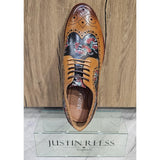 Ross - Moški rjavi usnjeni čevlji brogue s cvetličnim potiskom lobanje