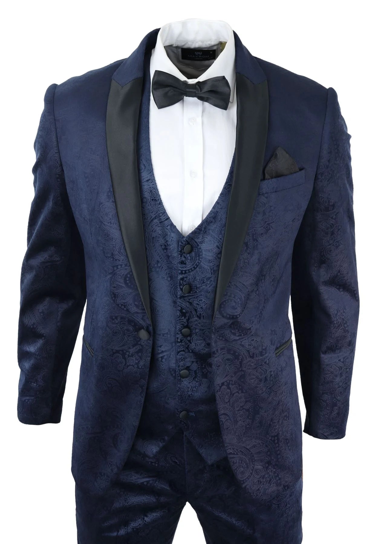 Moška žametna obleka Marc Darcy Paisley modrega kroja s 3 delnimi vzorci, smoking, poročni suknjič