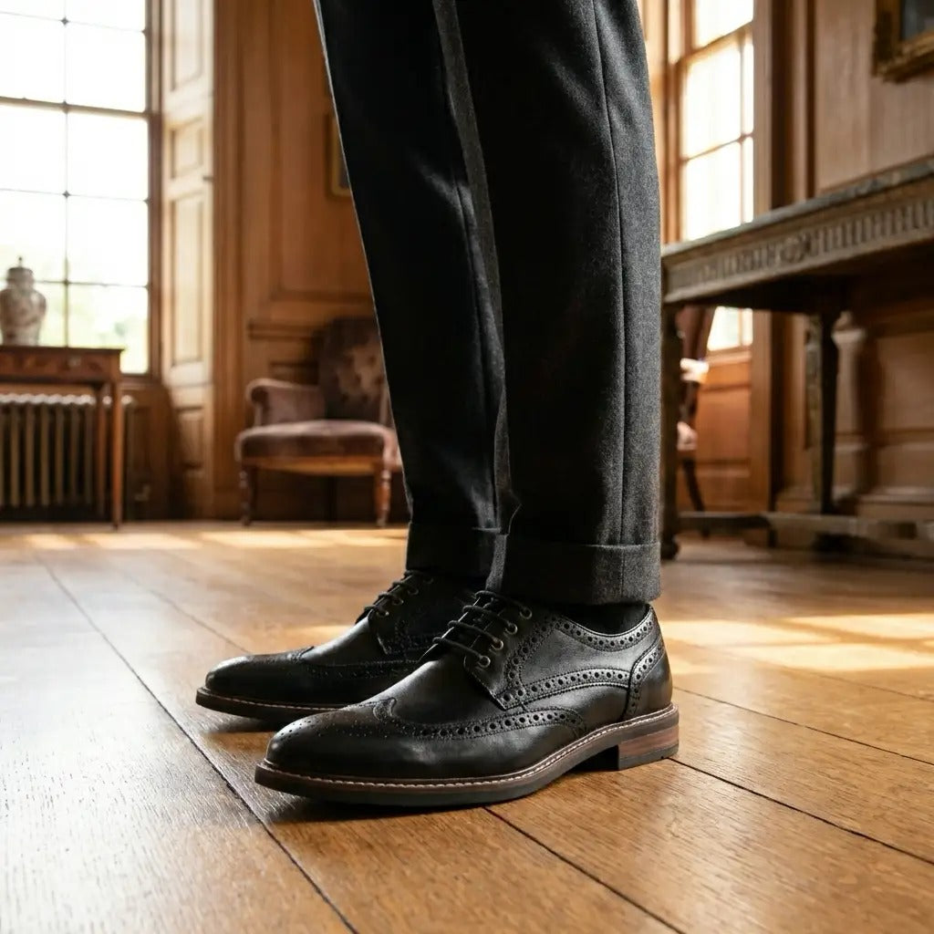 Stokes - Moški črni usnjeni čevlji z vezalkami Wingtip Brogue