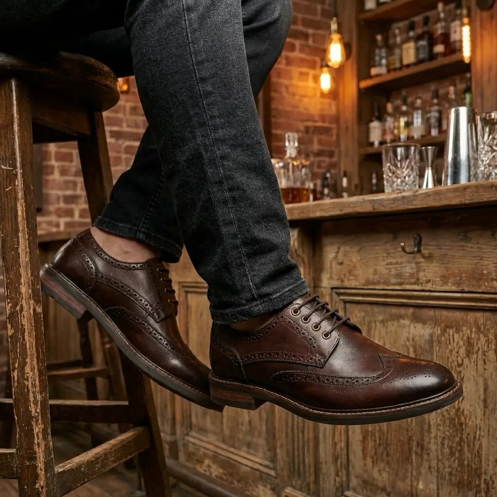 Stokes - Moški rjavi usnjeni čevlji z vezalkami Wingtip Brogue