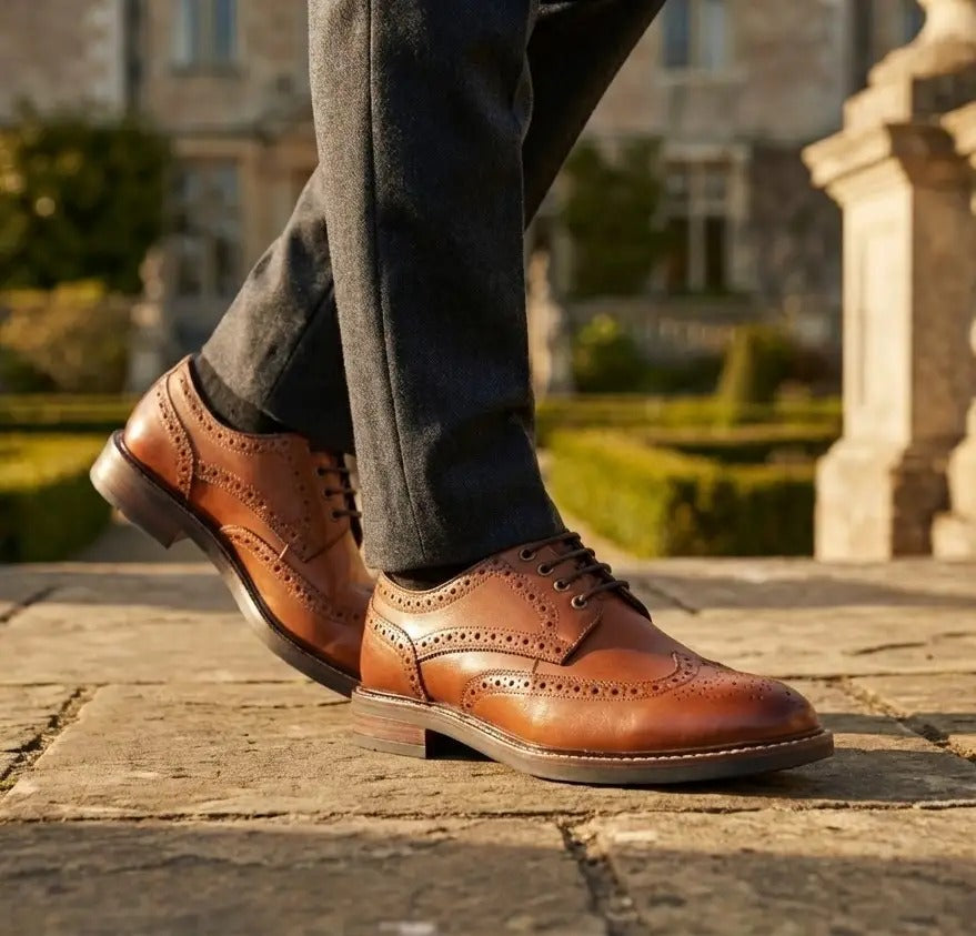 Stokes - Moški rjavi usnjeni čevlji z vezalkami Wingtip Brogue