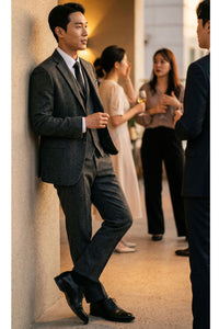 Moška temno siva 3-delna obleka iz tvida z vzorcem ribje kosti - STZ11