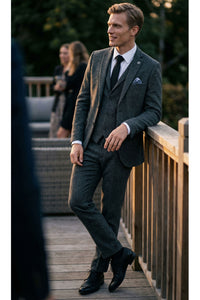 Moška temno siva 3-delna obleka iz tvida z vzorcem ribje kosti - STZ11