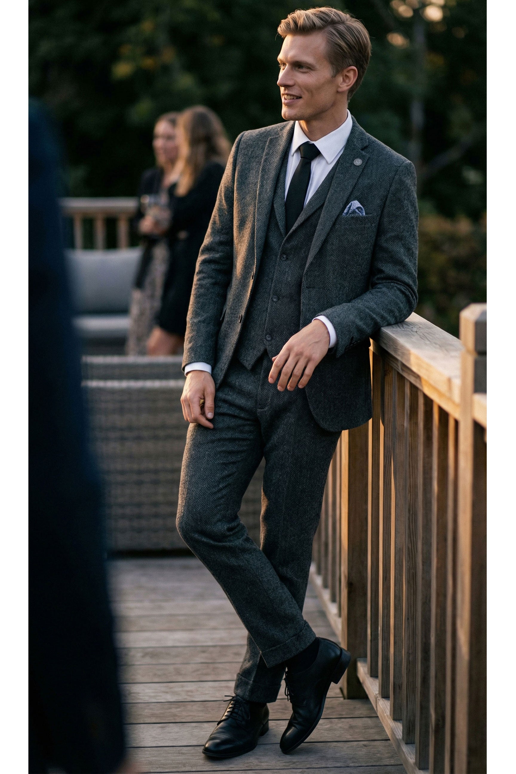 Moška temno siva 3-delna obleka iz tvida z vzorcem ribje kosti - STZ11