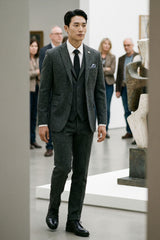 Moška temno siva 3-delna obleka iz tvida z vzorcem ribje kosti - STZ11