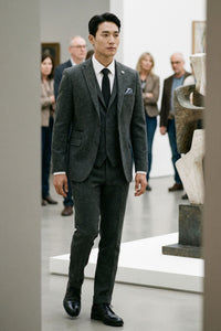 Moška temno siva 3-delna obleka iz tvida z vzorcem ribje kosti - STZ11