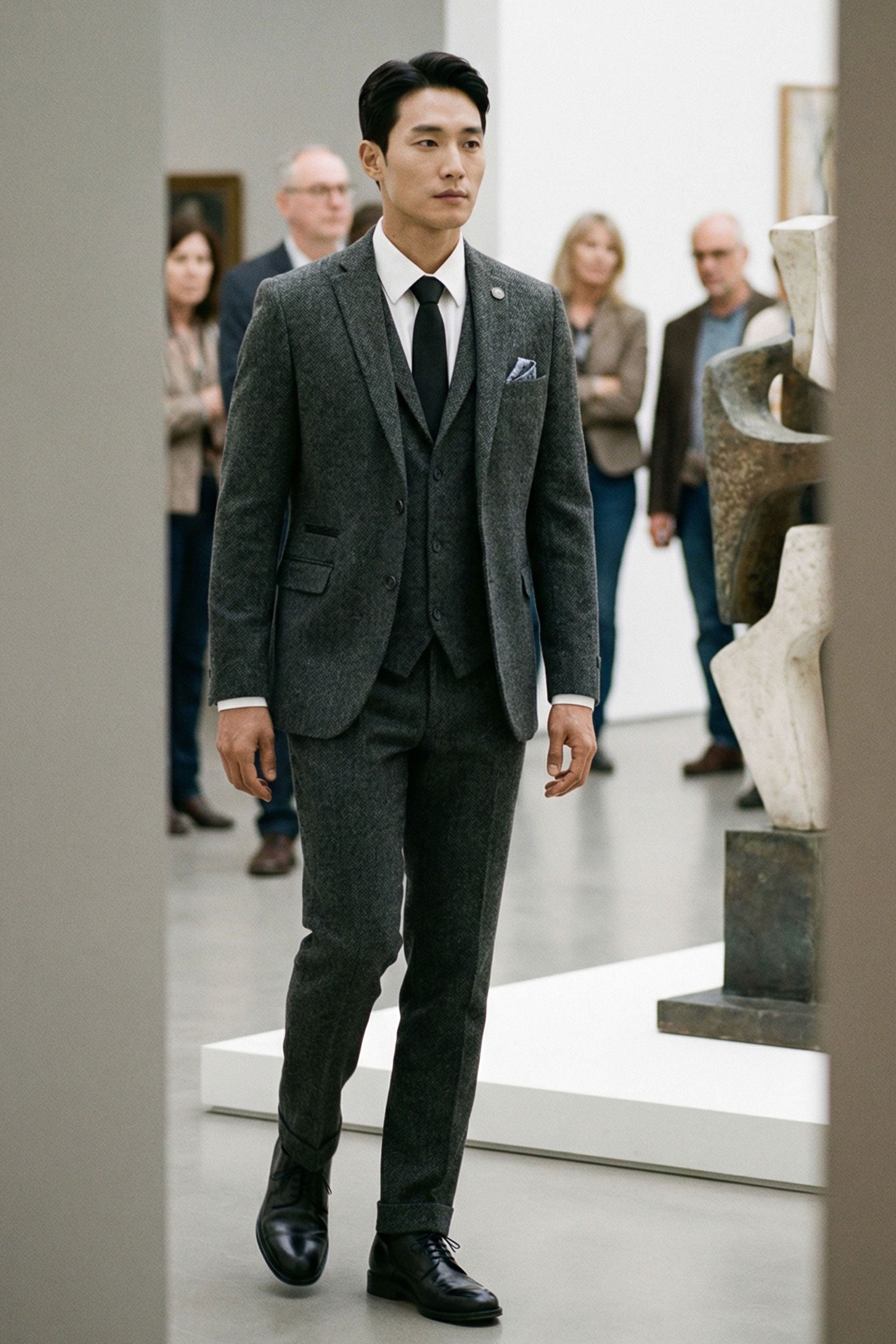 Moška temno siva 3-delna obleka iz tvida z vzorcem ribje kosti - STZ11