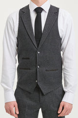 Moška temno siva 3-delna obleka iz tvida z vzorcem ribje kosti - STZ11