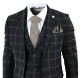 Moška črno-rjava karo tvidasta tridelna obleka