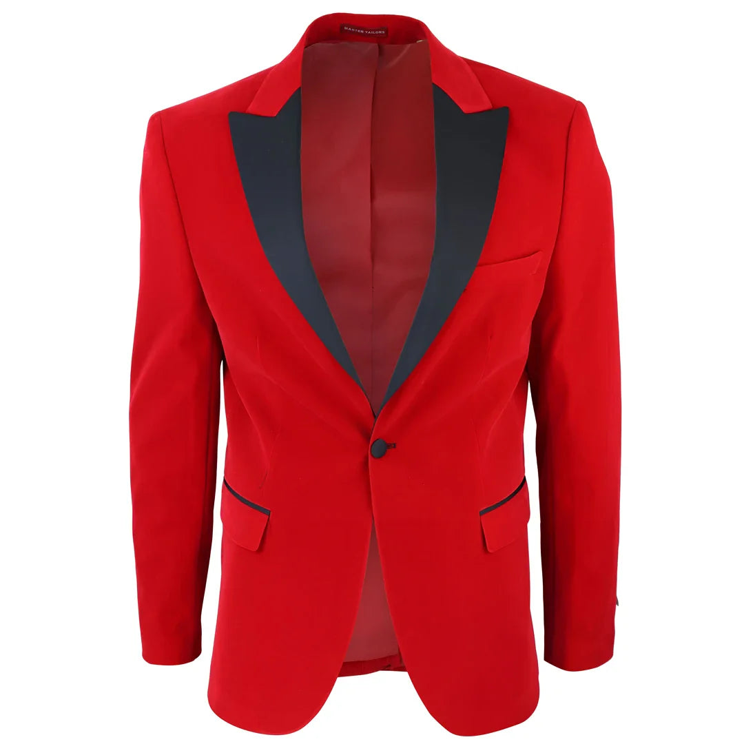 Moški rdeči žametni smoking, blazer, satenasti reverji, večerja, poroka, maturantski ples, črna kravata