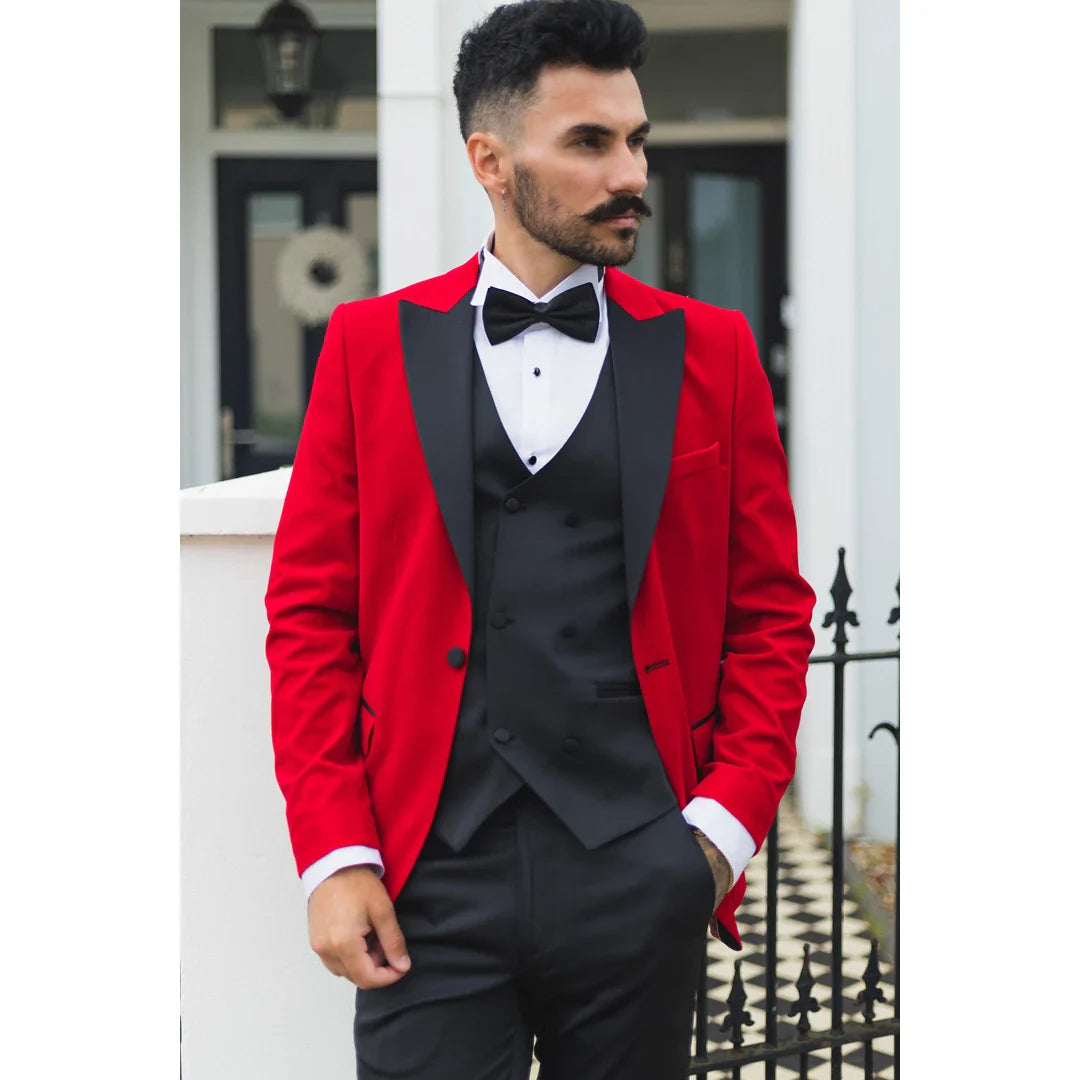 Moški rdeči žametni smoking, blazer, satenasti reverji, večerja, poroka, maturantski ples, črna kravata
