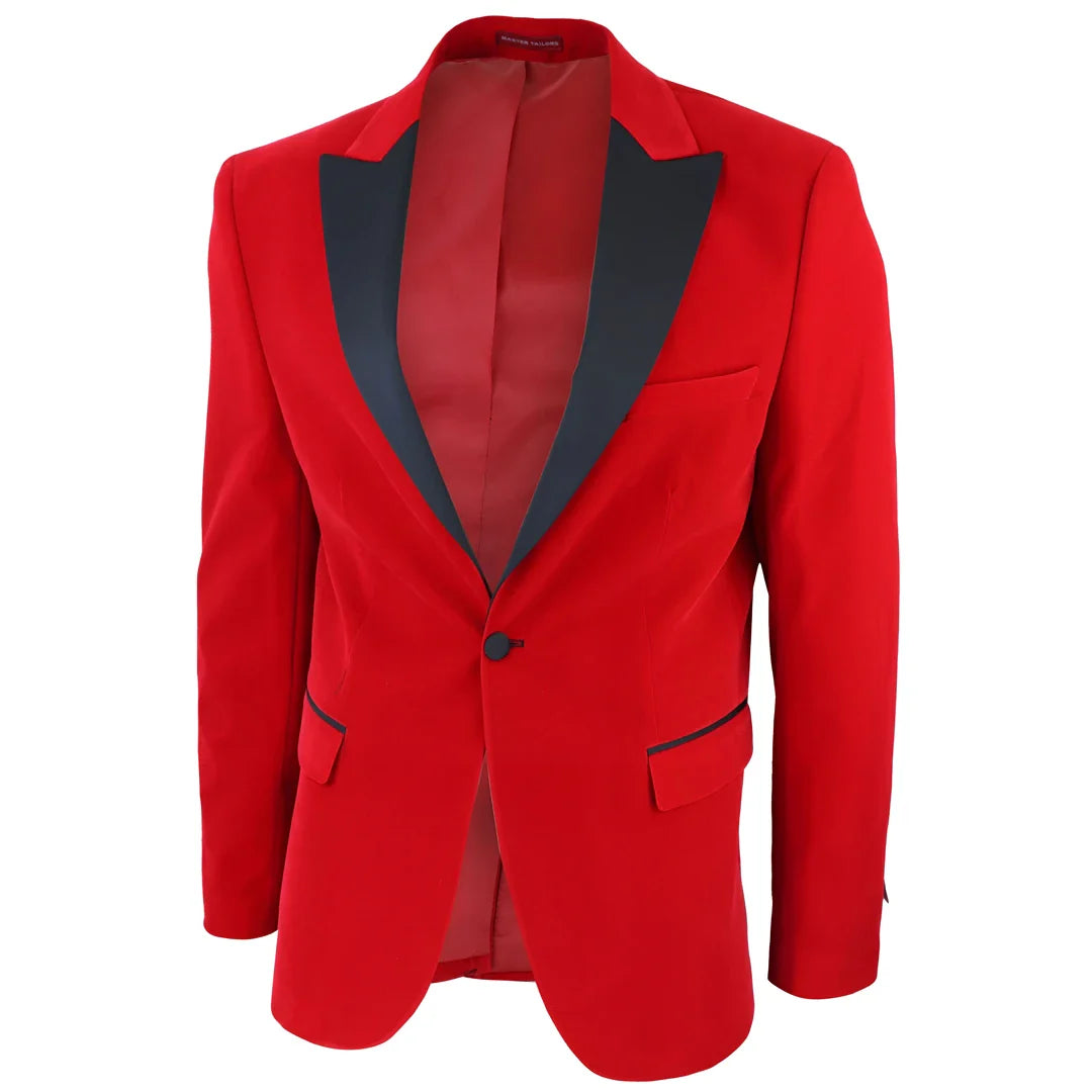 Moški rdeči žametni smoking, blazer, satenasti reverji, večerja, poroka, maturantski ples, črna kravata