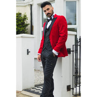 Moški rdeči žametni smoking, blazer, satenasti reverji, večerja, poroka, maturantski ples, črna kravata