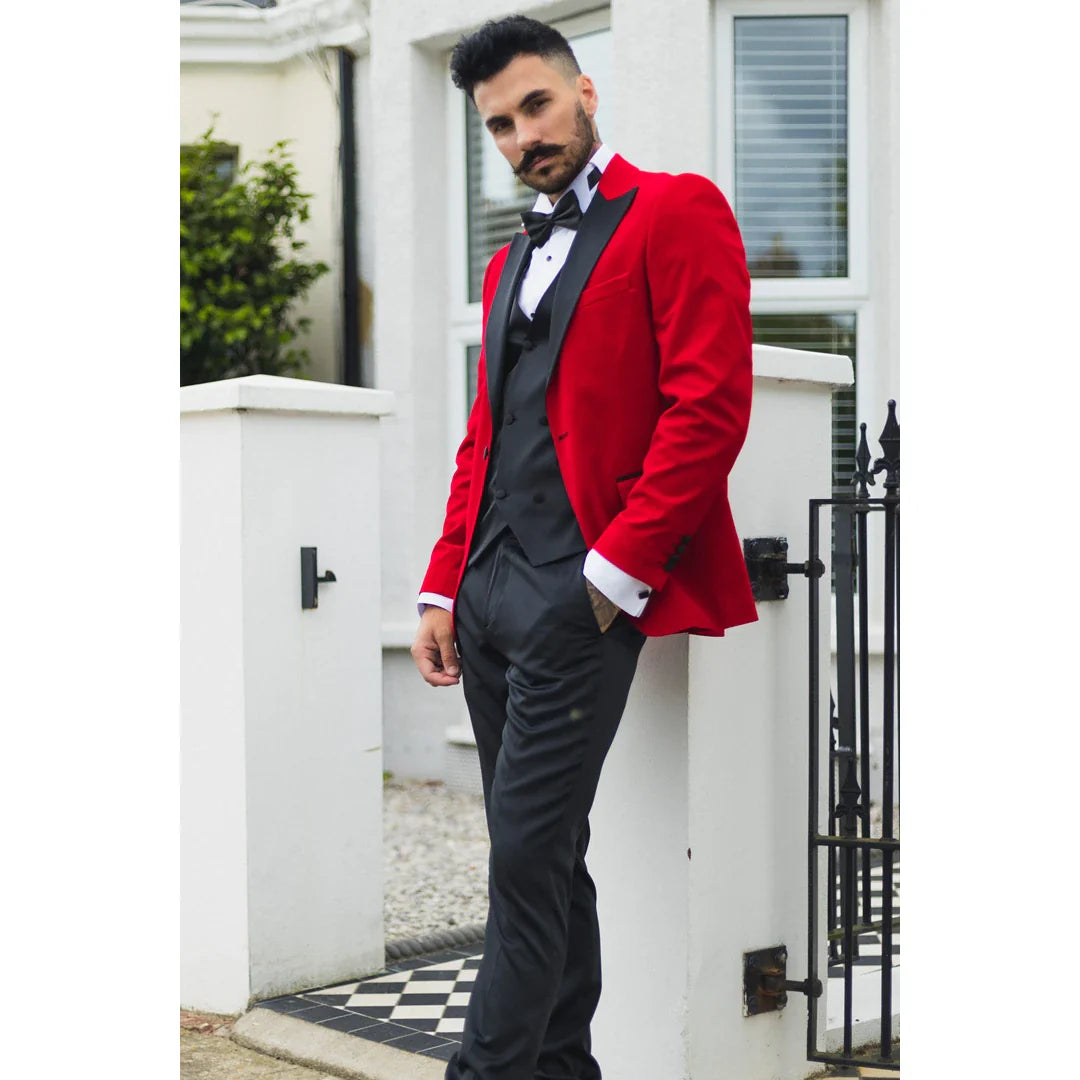 Moški rdeči žametni smoking, blazer, satenasti reverji, večerja, poroka, maturantski ples, črna kravata