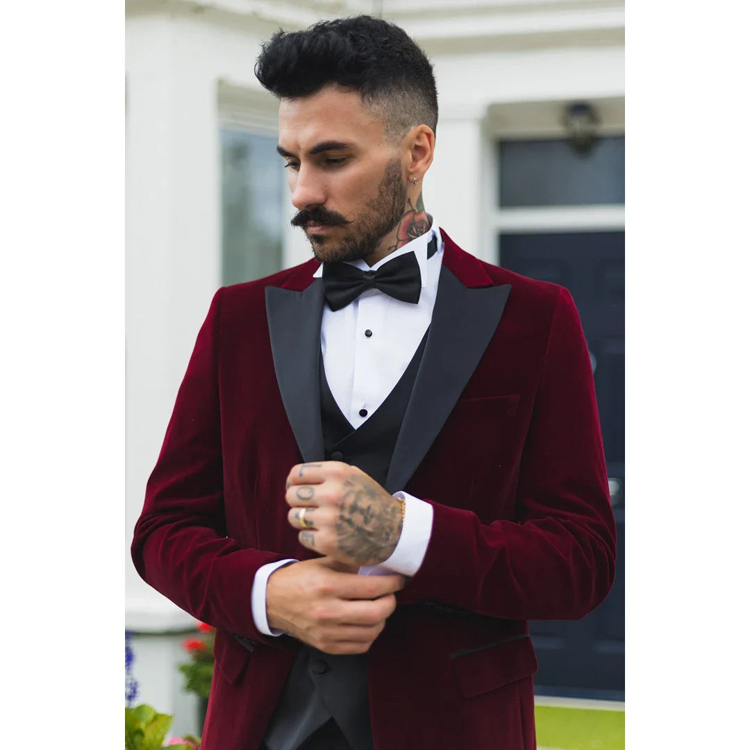 Moški vinski žametni smoking blazer satenasti reverji večerja poroka maturantski ples črna kravata