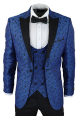 Moški smoking blazer in telovnik iz brokata, satenast, črno-moder - brez hlač