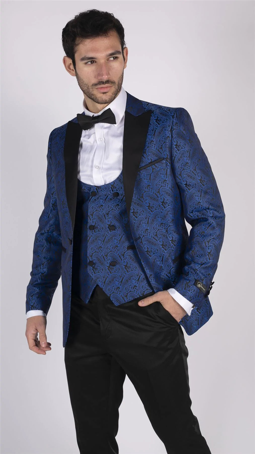 Moški smoking blazer in telovnik iz brokata, satenast, črno-moder - brez hlač