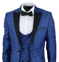 Moški smoking blazer in telovnik iz brokata, satenast, črno-moder - brez hlač