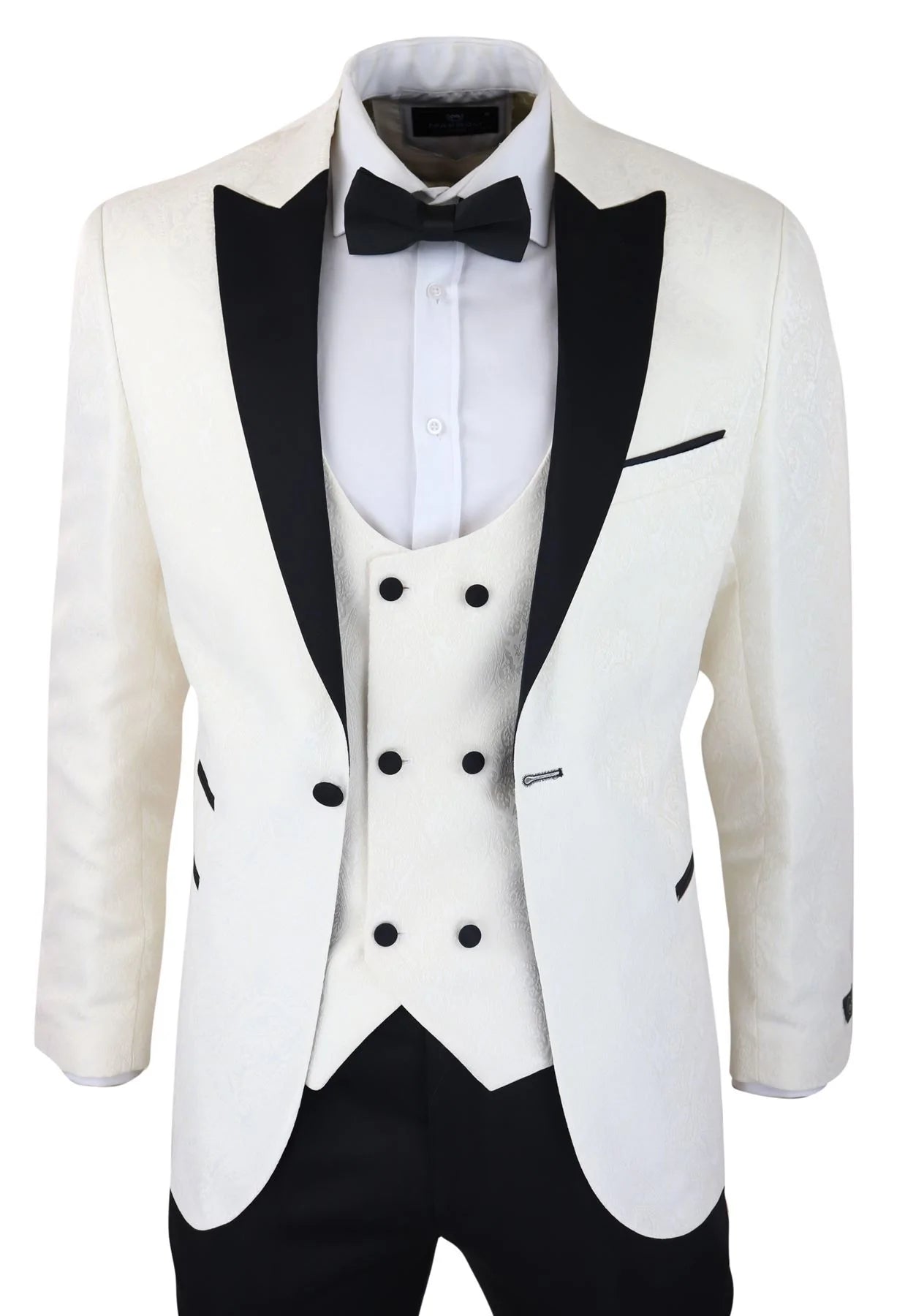 Moški smoking blazer in telovnik iz brokata s paisley vzorcem, satenast, slonokoščeno črne barve