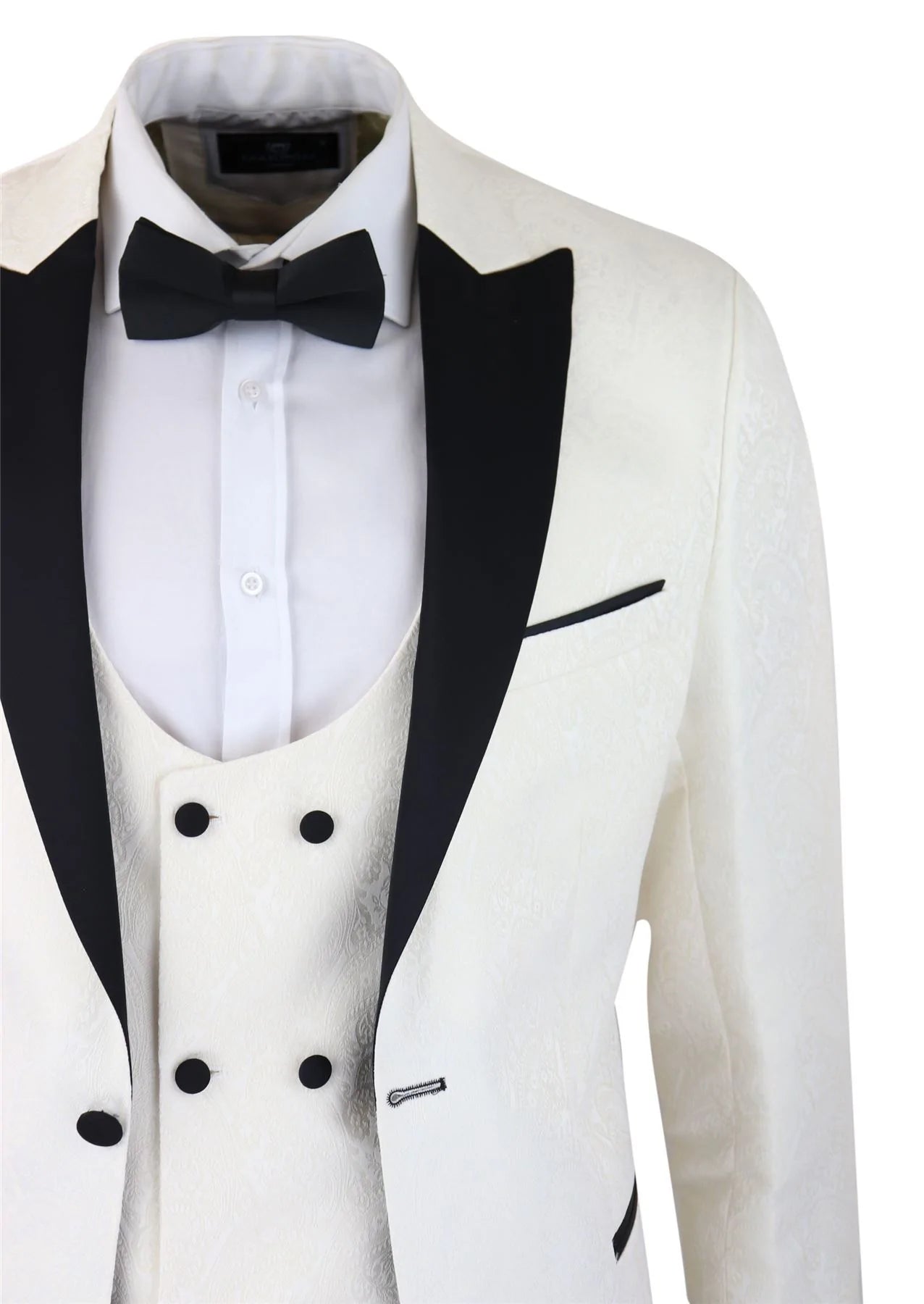 Moški smoking blazer in telovnik iz brokata s paisley vzorcem, satenast, slonokoščeno črne barve